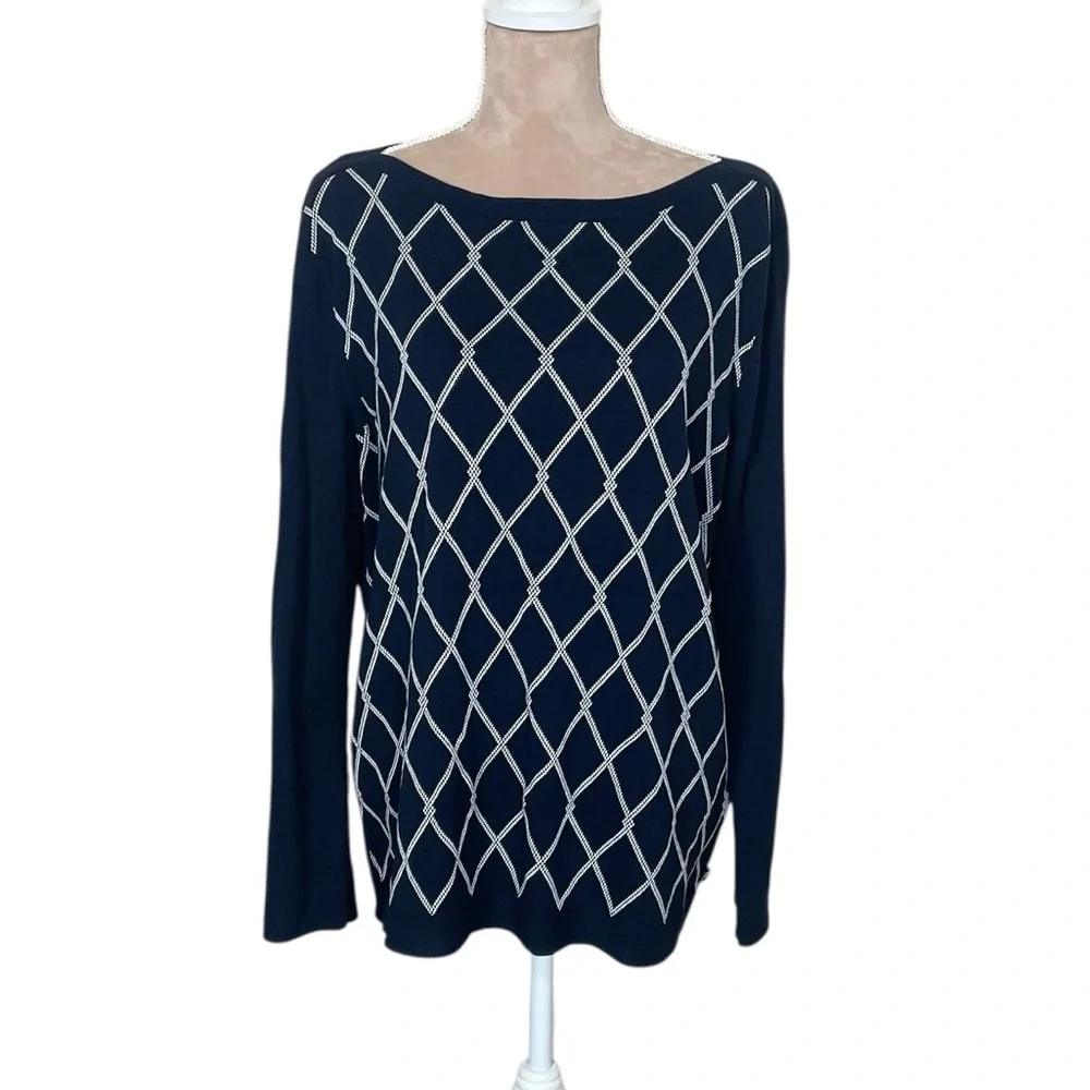Nautica Jeans Women’s “Intarsia” Navy Blue Knit Boatneck Sweater NWT (O)